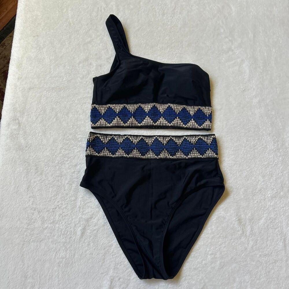 Black one shoulder bikini set with cream blue boho diamond pattern trim like new